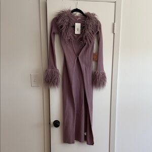 Women's Lavender Long Jacket with Faux Fur Trim